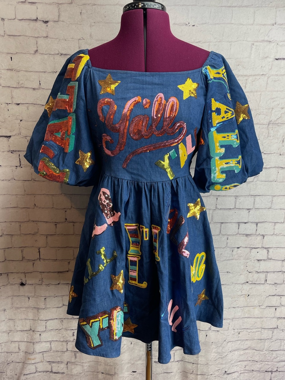 Queen of sparkles size XS denim Y’ALL sequin mink dress puff sleeves